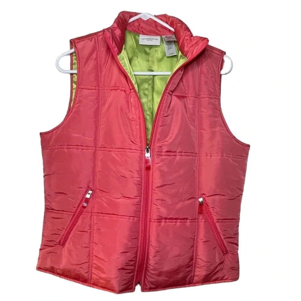 Liz Claiborne Full Zip Up Womens Puffy Vest Petite Small Pink Lime Green Pockets